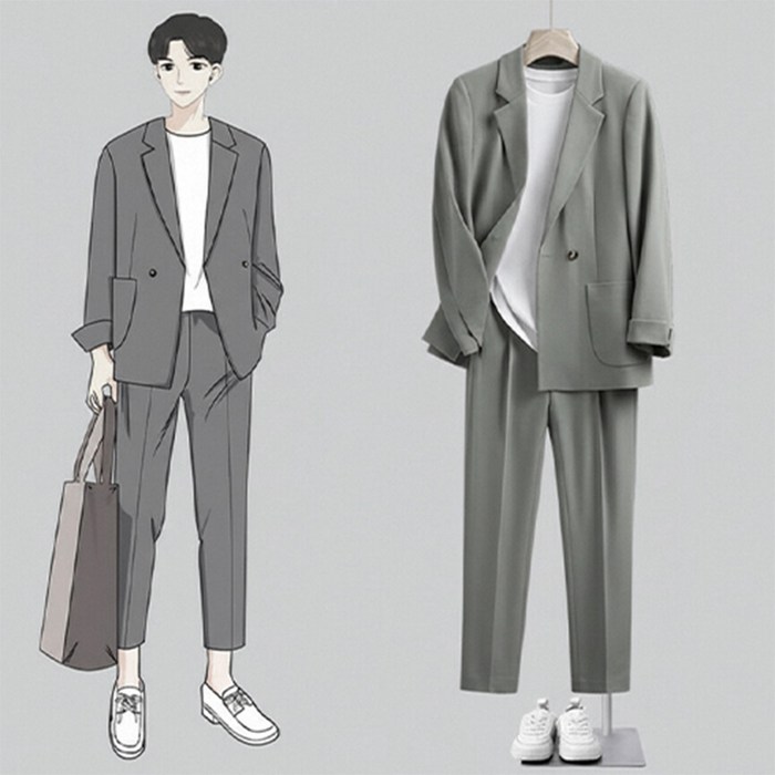 AOUGK 남성 캐주얼 정장세트 오버핏 롱정장 자켓  정장 바지 상하세트 빅사이즈 양복 투피스 면접복