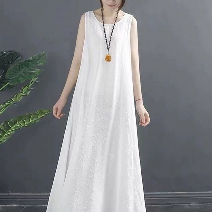 슬림소녀 여성 여름 문예 순면 원피스 민소매 나시 스타일리쉬하게 루즈핏 날씬해 보이는 롱스커트