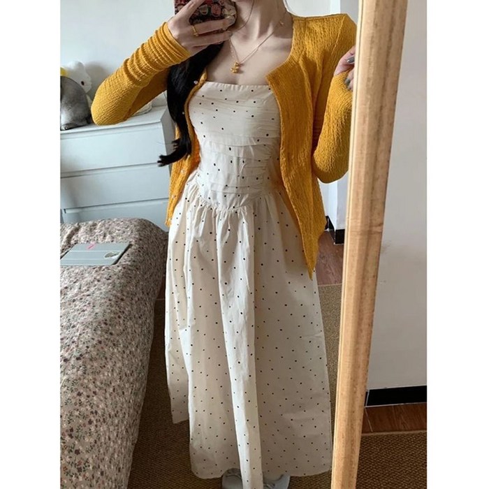 봄 여성 나시 원피스 세트 얇은 니트 가디건  도트 뷔스티에 원피스 투피스 YXF