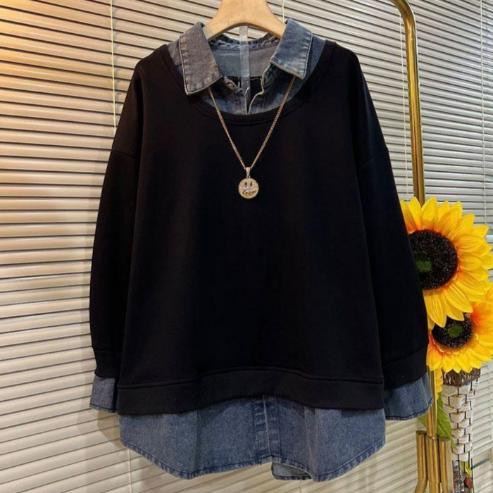 빅사이즈 L4XL 여성 배색 레이어드 데님 청 맨투맨 티셔츠 가을 겨울 카라넥 맨투맨티 투인원