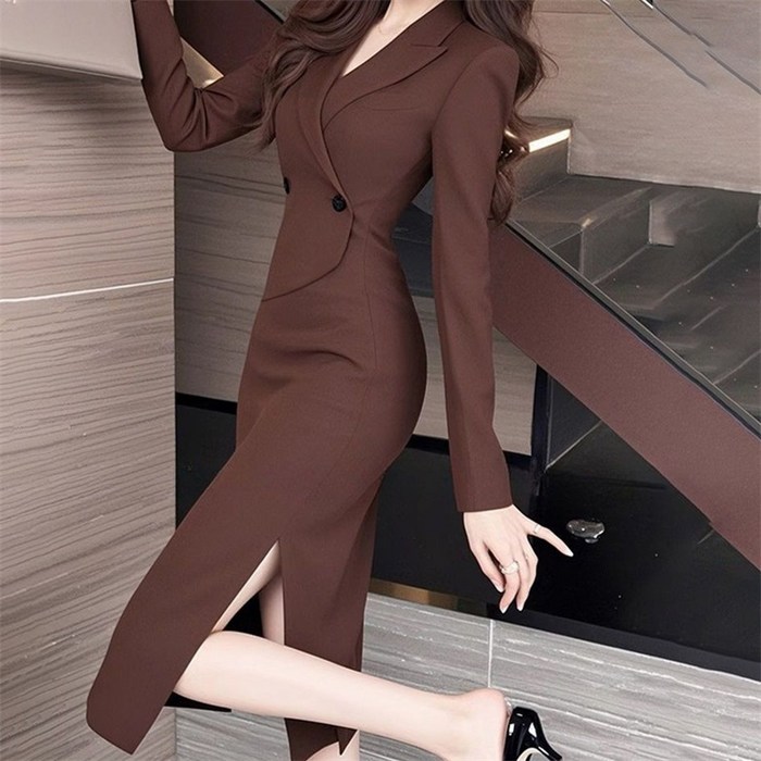 AOKADA 여성 봄 가을 슬림핏 사이드 트임 힙업 정장 원피스 아나운서룩 출근룩