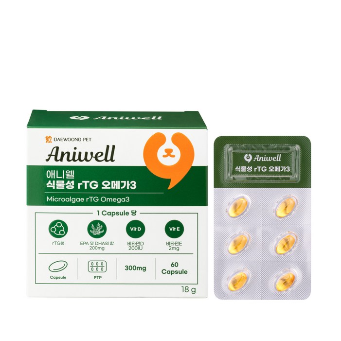 대웅제약 대웅펫 애니웰 반려동물 식물성 rTG 오메가3 항산화 60캡슐, 피부털개선, 1개