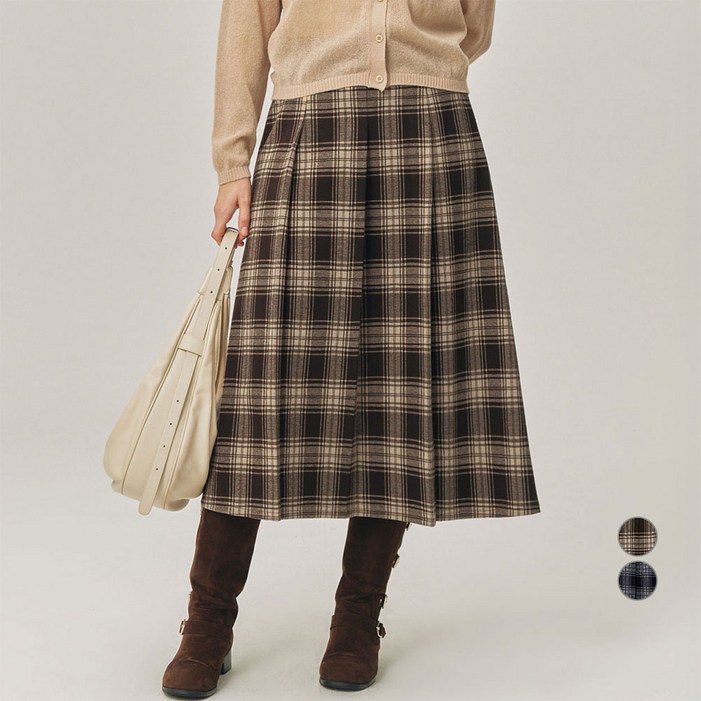 ELLEPARIS 여성용 플레이드 체크 플리츠 롱 스커트