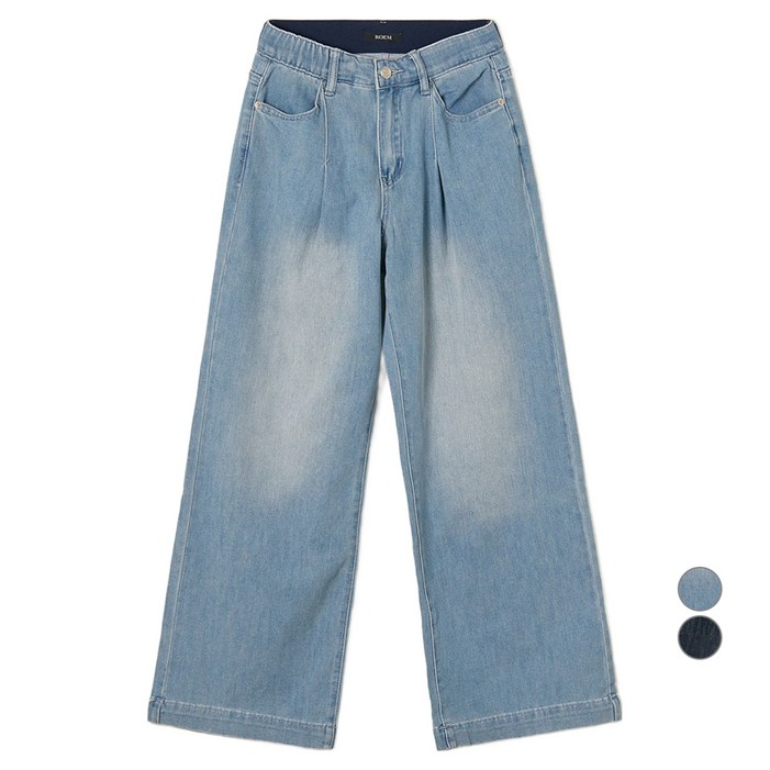 로엠 여성용 린넨 턱 와이드 데님 바지