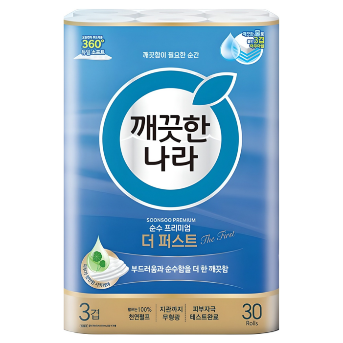 깨끗한나라 순수 프리미엄 더 퍼스트 천연펄프 3겹 고급롤화장지, 30m, 30개입, 1개