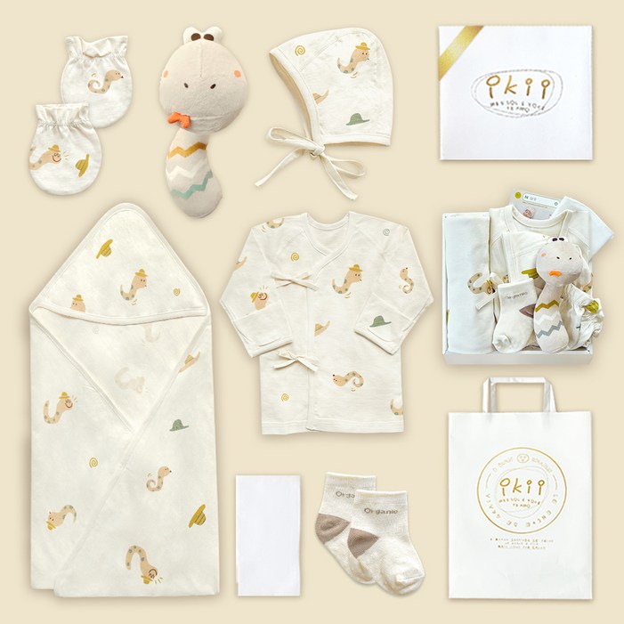ikii 오가닉 배냇저고리 긴소매 7종 출산 선물세트 선물포장  쇼핑백