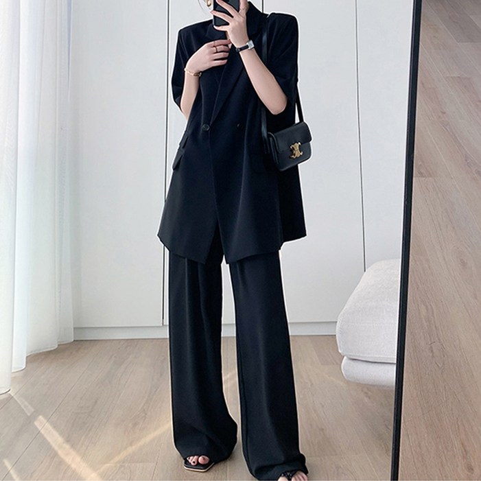 페이퍼먼츠 찰랑 여름 정장 반팔 자켓 + 와이드 팬츠 세트 10542