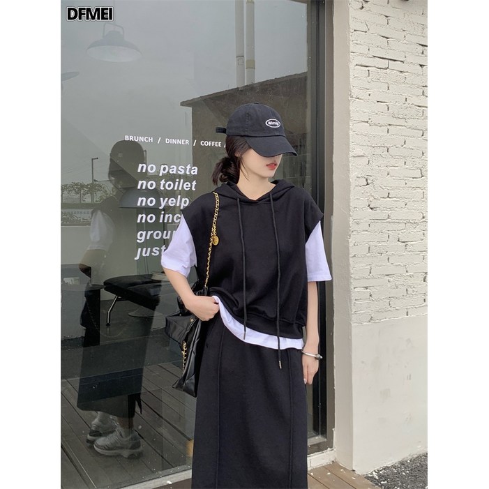 DFMEI 빅사이즈 후드 패션 맨투맨 세트 여하 루즈핏 캐주얼 민소매 탑 스커트 투피스