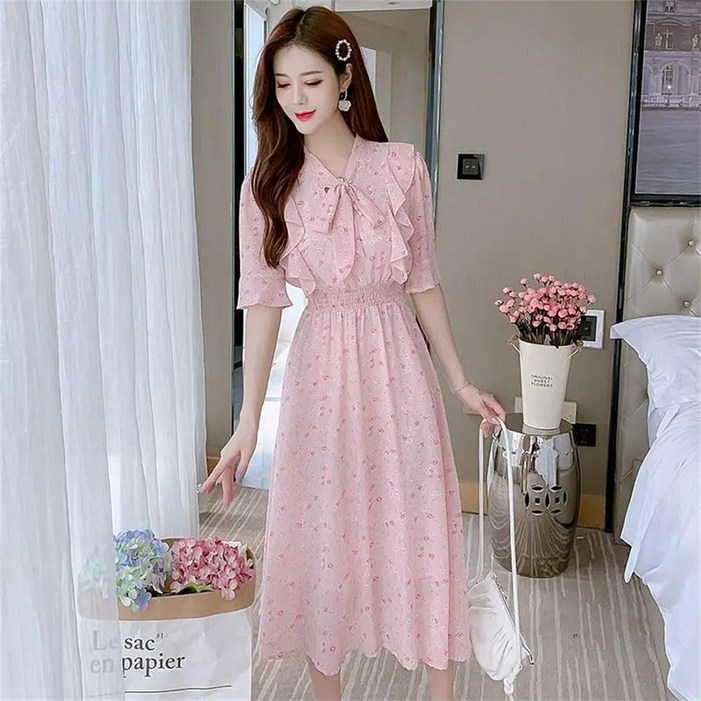besteffie 쉬폰원피스 여성 러블리 리본타이 V넥 하객 핑크 블루 플라워 프린트 롱 원피스 E58 besteffie 쉬폰원피스 여성 러블리 리본타이 V넥 하객 핑크 블루 플라워 프린트 롱 원피스 E58