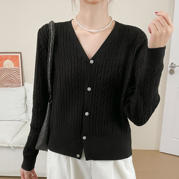 에이플심플 여성 V넥 가디건 클래식 케이블 꽈배기 니트