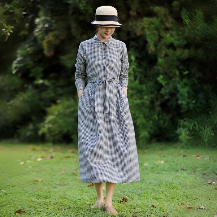 ZAJA 여성 캐주얼 체크 롱 원피스 바캉스룩 휴양지룩