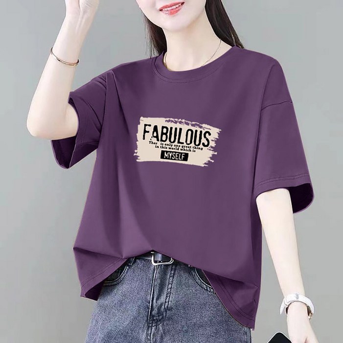 ROYALBELLE 여성 라운드넥 반팔 티셔츠 루즈핏 캐주얼 프린트 티셔츠 E0031405