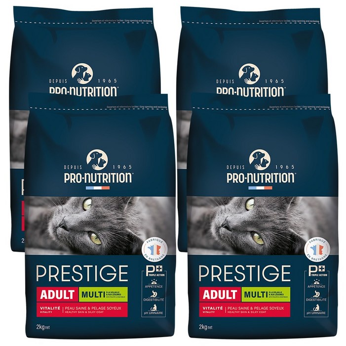 유통기한 2609 특가 프레스티지 캣 멀티 어덜트 기호성 좋은 고양이 건식 사료 성묘 전연령, 2kg, 4개