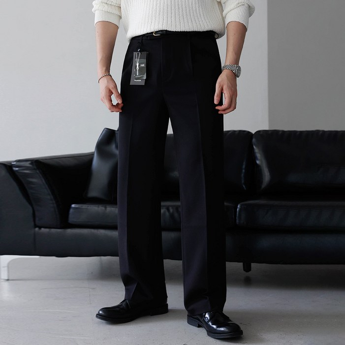 베이직바이블 남자 빅사이즈 와이드슬랙스 프리미엄 스판 핀턱 사계절 링클프리 편안한 바지 팬츠