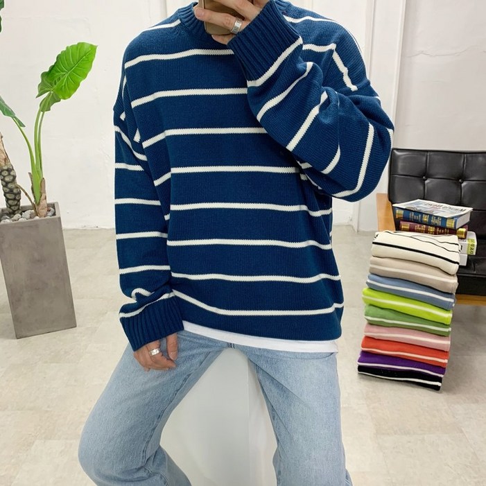 스트릿제이 박스 옆트임 단가라 스트라이프 니트