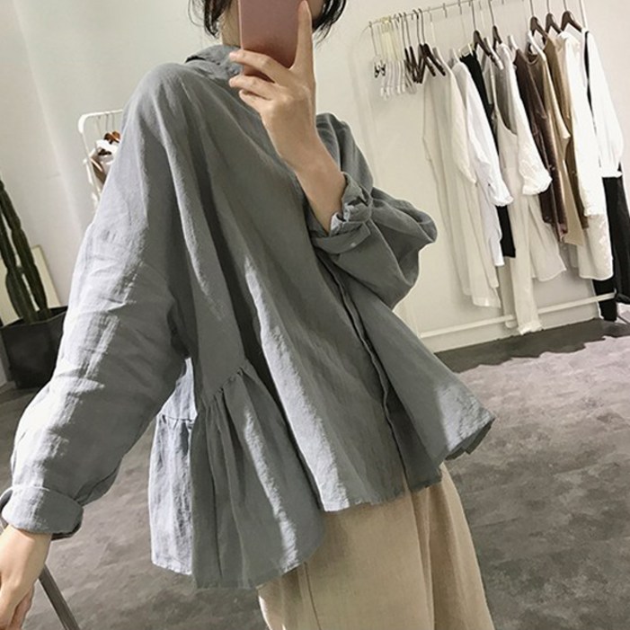 퀸앤조이 오버사이즈 린넨 카라넥 블라우스