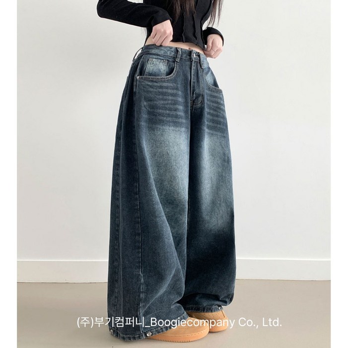 부기샵 벌룬 와이드 데님팬츠 라뚜 사이드핀턱 캣브러쉬 워싱 스냅버튼 조거 와이드 벌룬핏 군살커버 데님팬츠