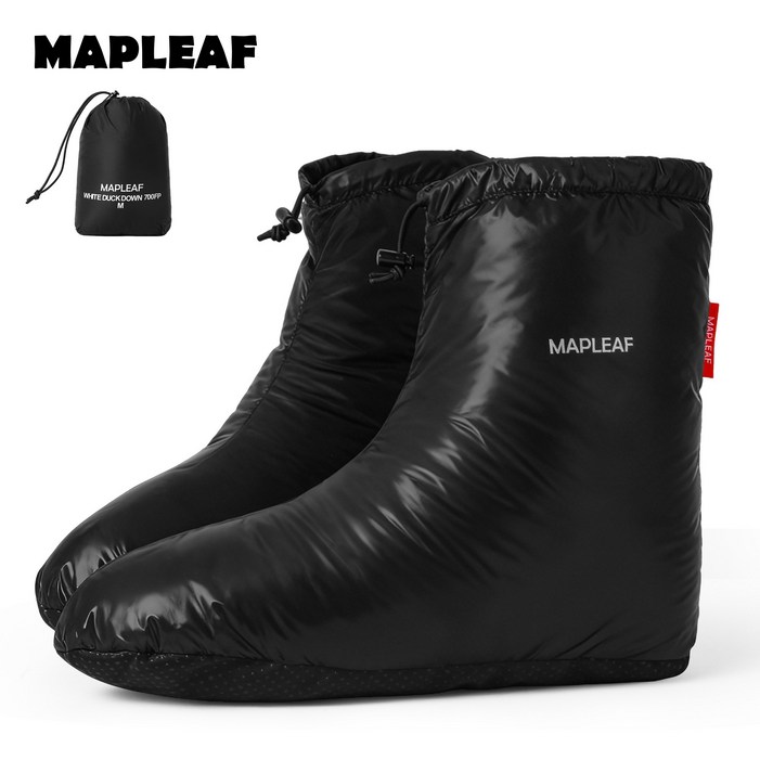 MAPLEAF 풋 커버 700FP 다운 슈즈 룸슈즈 추위와 따뜻함 야외 텐트 캠핑 풋 커버 실내복 가을 겨울 방풍 초경량 풋 커버 수납 가방이 있는 남녀공용, 1개, Black