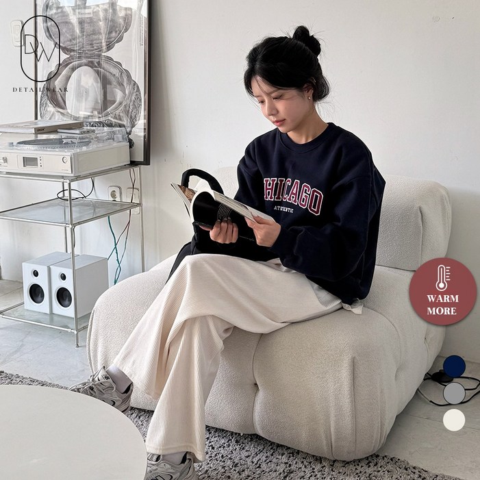 디테일웨어 여성 기모 시카고 맨투맨 자수 레터링 오버핏 긴소매 티셔츠 도톰기모 데일리룩 심플한 티셔츠