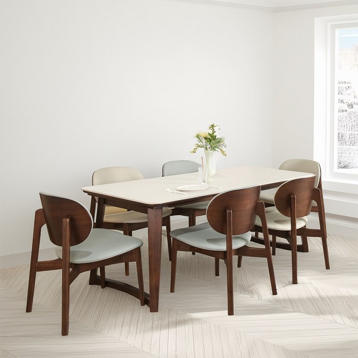 레논 4인용 6인용 포세린 세라믹 원목 다이닝 식탁세트, 일반의자 6, 월넛