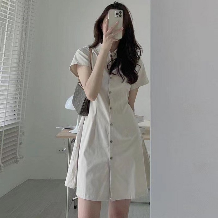 cosmag 여성 반팔 핀턱 카라 셔츠 반팔 원피스 데일리 심플 슬림라인 원피스
