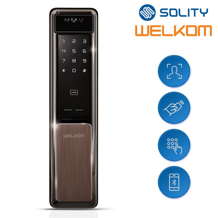 전국설치 솔리티 웰콤 신제품 얼굴안면인식 푸시풀 WSP2900A 카드키2개번호키 블루투스옵션 AI딥러닝기술 신속 정확한 얼굴인증 얼굴인식100개 현관문 디지털도어락, 웰콤 WSP2900A, 방문설치