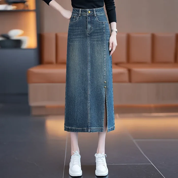 COSYEVNO  여성 하이웨이스트 데님 롱스커트 사이드 트임 봄가을 캐주얼 LFHnzq-18