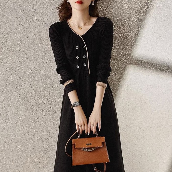 HOMASS 여성 가을 긴팔 라운드 a라인 오피스룩 결혼식 하객룩  니트 원피스