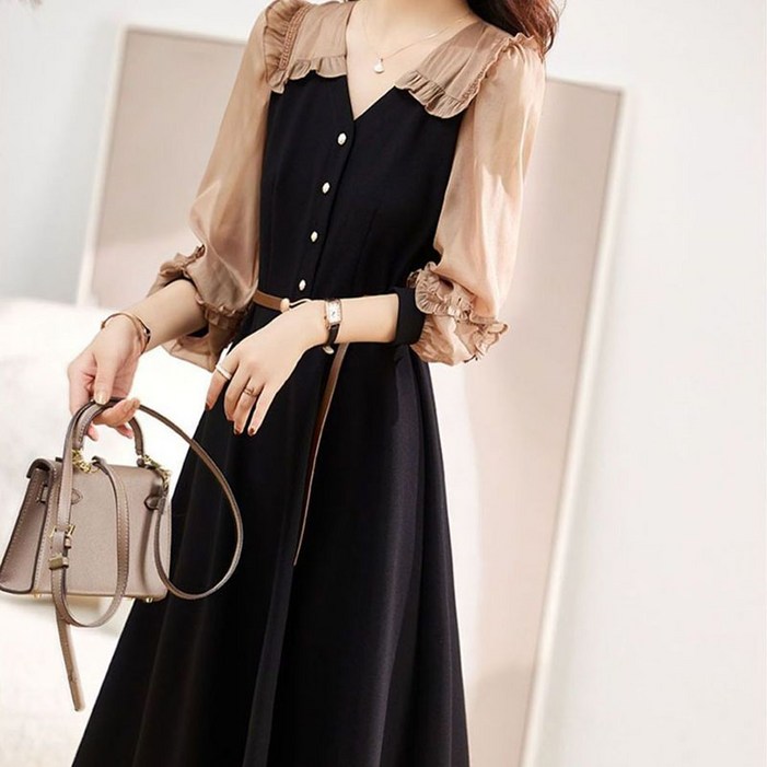 AOKADA 여성 브이넥 긴발 플리츠 슬림 벨트 A라인 오피스룩 하객룩 롱 원피스