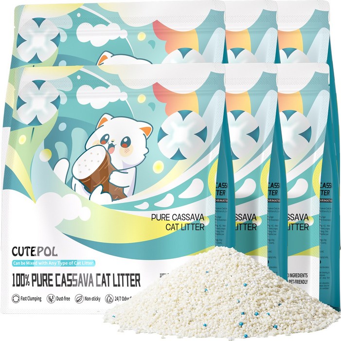 Cutepol 순수 카사바 고양이 모래, 빠른 응집, 강한 흡수력, 무분진, Original, 6개, 2.5kg