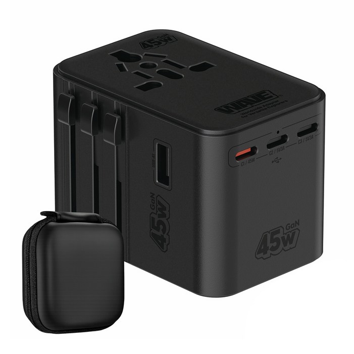 이어맥 2500W 드라이기 사용 가능 고출력 GaN 45W 초고속 충전 해외 여행용 멀티 플러그 어댑터 블랙