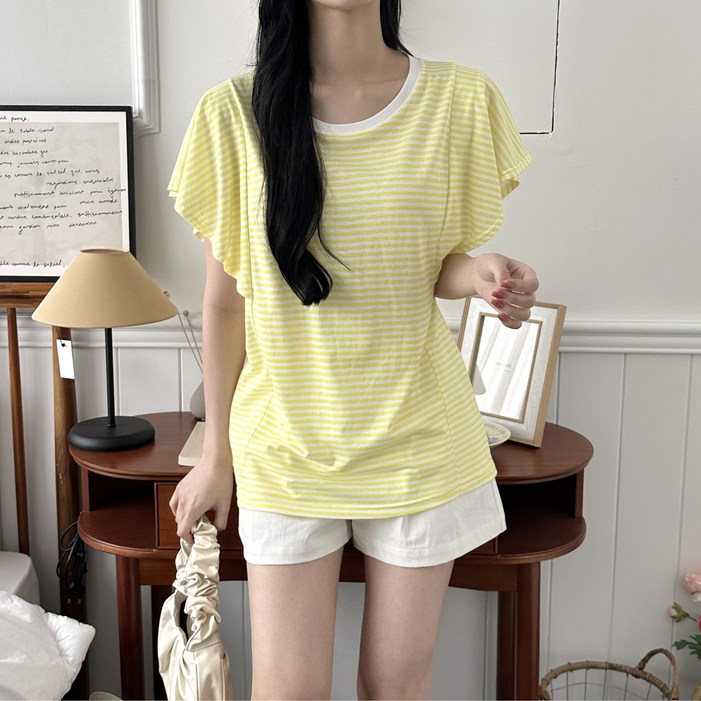나인테일 여름 여성 스트라이프 면100 날개 셔링 소매 라운드넥 반팔 티