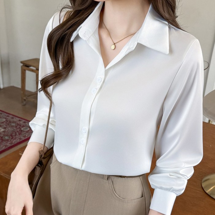 화지나무 여성 브이넥 카라 쉬폰 긴팔 셔츠 블라우스