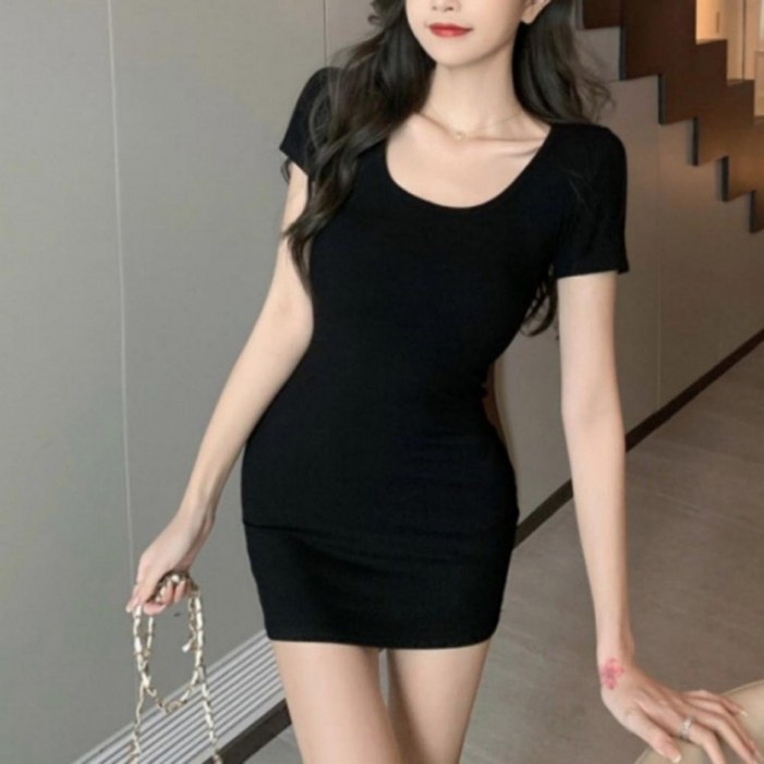 글램핏 스퀘어넥 여름 반팔 슬림 미니 무지 원피스