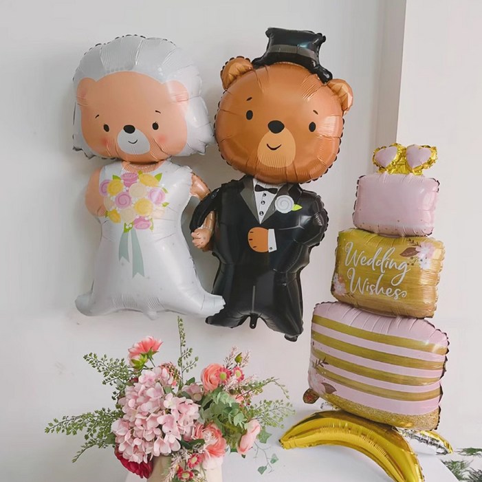 프로포즈 결혼기념일 신랑신부 이벤트 풍선 세트, 1세트, 1.곰돌이신랑신부케이크