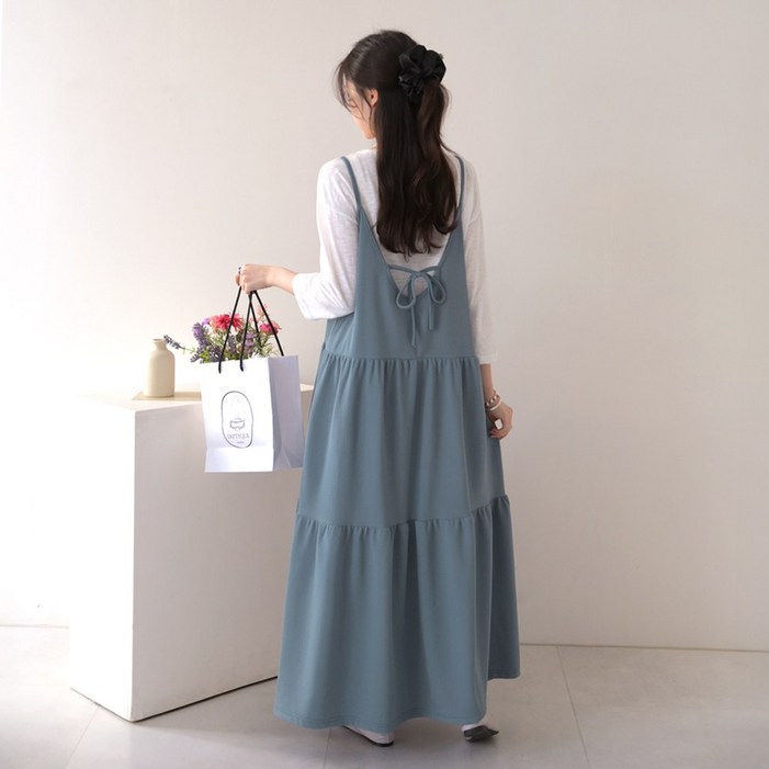 데일리앤 샤를린 뒷리본 끈나시 셔링 캉캉 플레어 레이어드 뷔스티에 롱 원피스 빅사이즈 임산부