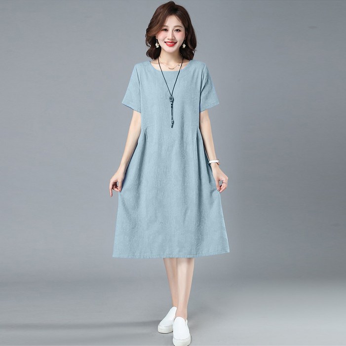 POMTOR 여성 라운드넥 Zacar 반팔 면마 자카르 린넨  롱 원피스