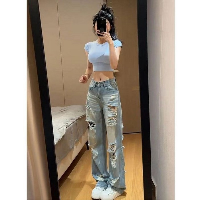 여성 빅사이즈 빈티지 찢청바지 봄여름 신상 와이드 슬림핏 디스트로이드 일자 팬츠