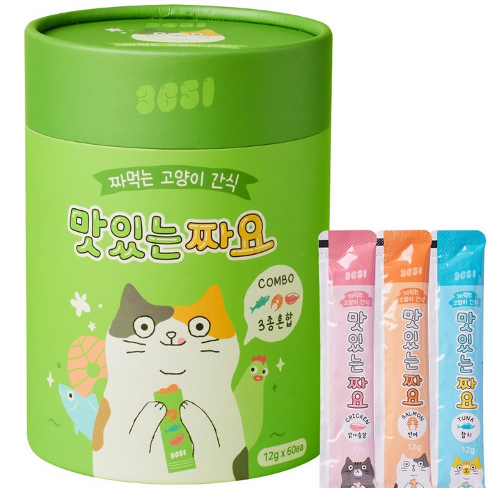 3651 맛있는 짜요 짜먹는 고양이 츄르 간식, 60개, 12g, 3종 혼합 3651 맛있는 짜요 짜먹는 고양이 츄르 간식, 60개, 12g, 3종 혼합