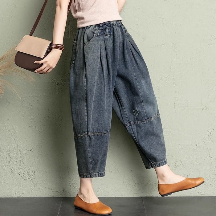 타임퓨어 여성 배기청바지 빅사이즈 밴딩 데님 팬츠 항아리 밴딩  청 바지 여자 와이드청바지데님 루즈핏 배기팬츠 스판 오버핏바지