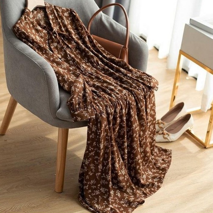 ZAJA 여성 플라워 롱 원피스 브이넥 A라인 허리라인 포인트 스트랩 봄가을 데이트룩