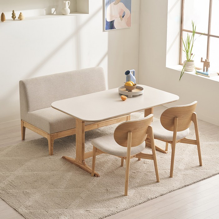 레이디가구 엘린 패밀리 원목 세라믹식탁 + 의자 2p + 2인 소파 세트 원목소파벤치의자형 방문설치