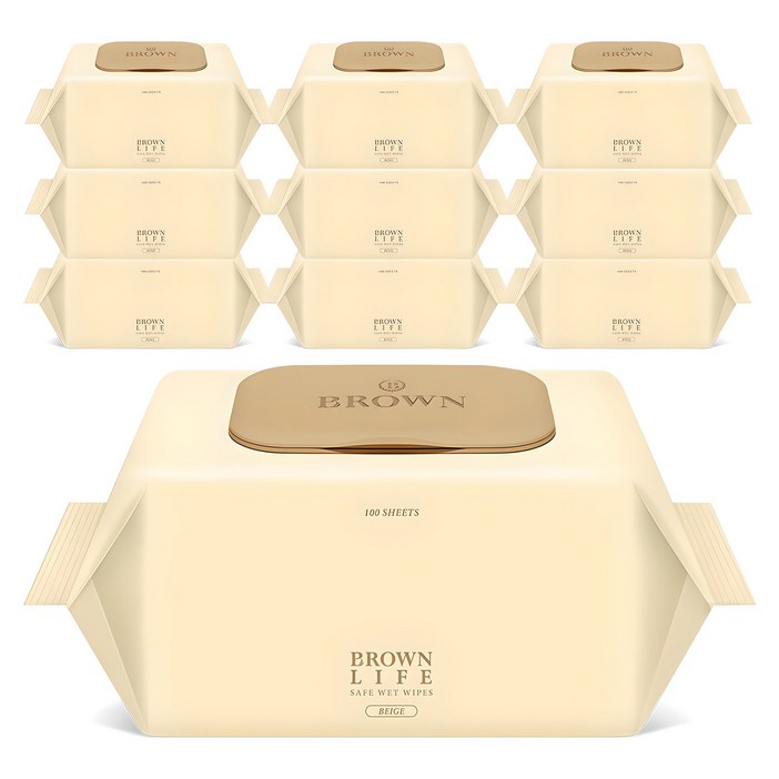 브라운라이프 베이지 엠보싱 대용량 물티슈 캡형, 50g, 100매, 10개