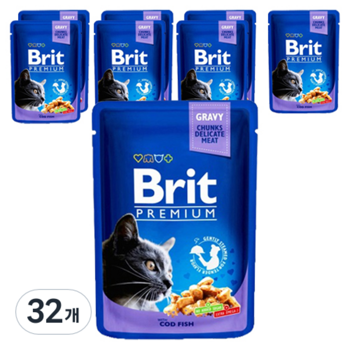 브리트 고양이 프리미엄 주식파우치 대구피쉬, 생선, 100g, 32개 브리트 고양이 프리미엄 주식파우치 대구피쉬, 생선, 100g, 32개
