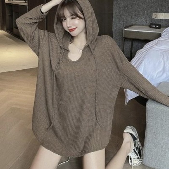 피어니스트 여성용 와플면 루즈핏 후드 티셔츠