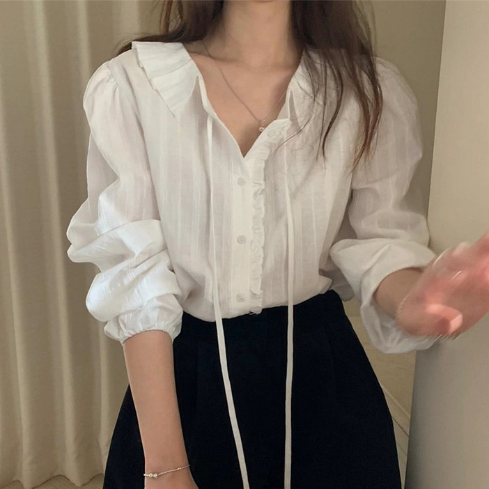 타니즈 여성용 알콘 스트랩 브이넥 매듭 버튼 긴팔 블라우스