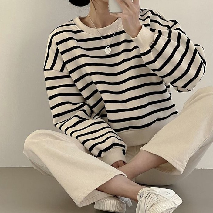 아이엠몽 여성용 브파 스트라이프 크롭기장 맨투맨 아이엠몽 여성용 브파 스트라이프 크롭기장 맨투맨