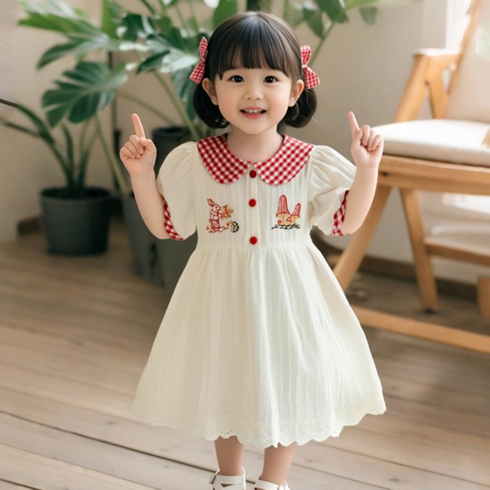 조이멀티 여아용 레드카라 여름 반팔 자수 원피스