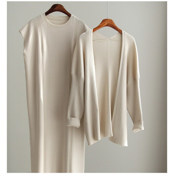 오브원 츠미 루즈핏 롱 니트 원피스 가디건 세트