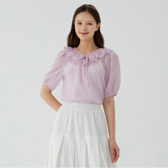 숲 브이넥 셔링 스트라이프 블라우스 SY5SS32